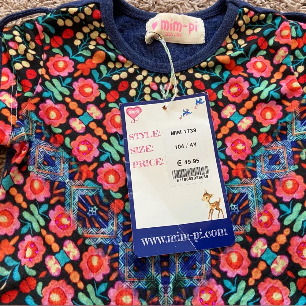 Mim-Pi Navy Girls Dress‎ with Colorful Floral Print Long Sleeves Sz 4y NWT